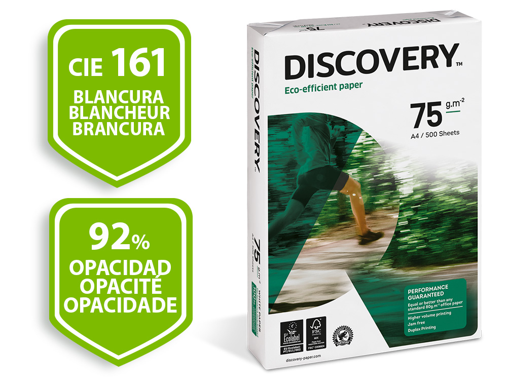 PAPIER DISCOVERY MULTIFONCTION GRAND VOLUME SANS BOURRAGE A4 75G/M2 BLANCHEUR 161 OPACIT 92 RIGIDIT 100 500 FEUILLES