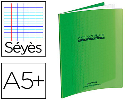 CAHIER PIQU CONQURANT CLASSIQUE COUVERTURE POLYPROPYLNE RIGIDE TRANSPARENTE 17X22CM 60 PAGES 90G SYS COLORIS VERT