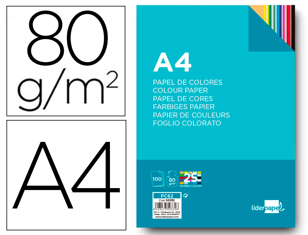 PAPIER COULEUR LIDERPAPEL MULTIFONCTION A4 80G/M2 ASSORTIMENT 25 COULEURS PAQUET 100 FEUILLES