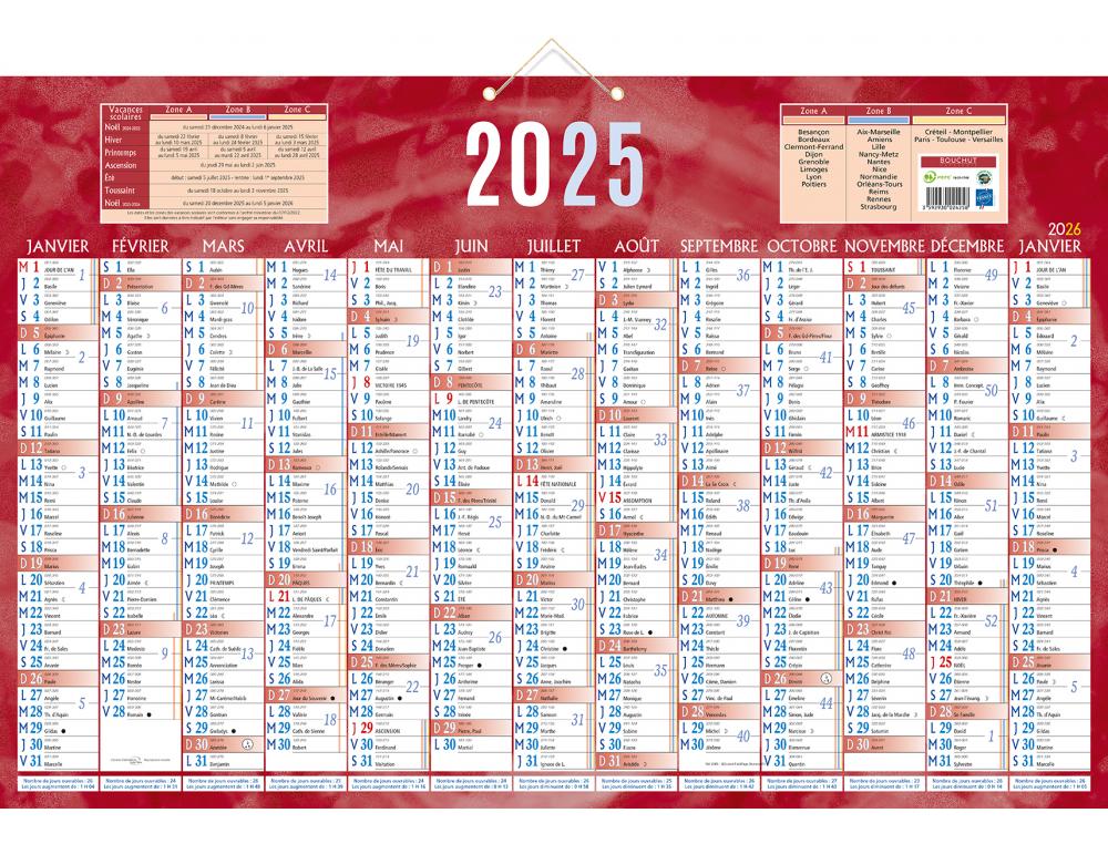 CALENDRIER BANQ 13M RECTO ROUGCALENDRIER BANCAIRE 13 MOIS RECTO 43X65CM ROUGE