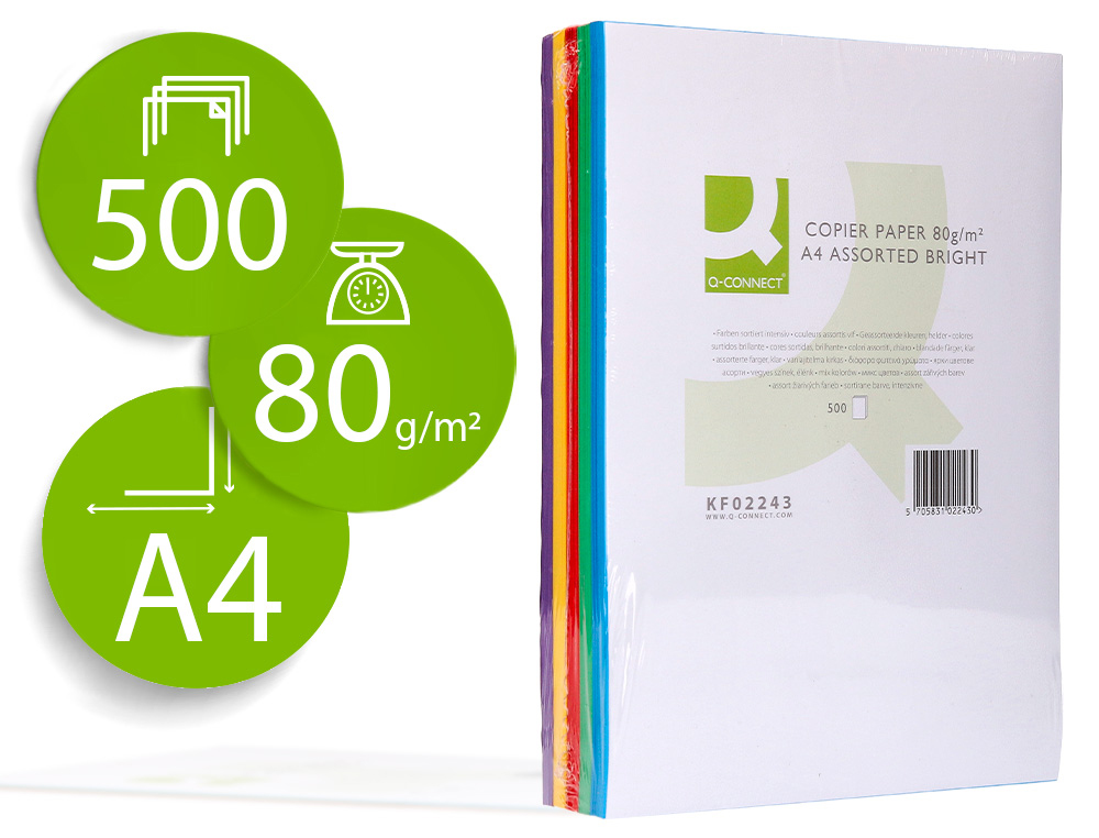 PAPIER COULEUR Q-CONNECT MULTIFONCTION A4 80G/M2 5 COLORIS ASSORTIS INTENSES RAMETTE 500 FEUILLES